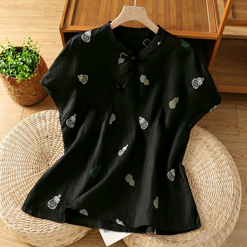 Buddha Stones Letnie koszule damskie z krótkim rękawem w stylu Tang z kołnierzykiem mandaryńskim i guzikami żabki - Czarny - US12, UK/AU16, EU44 (2XL) - image 7