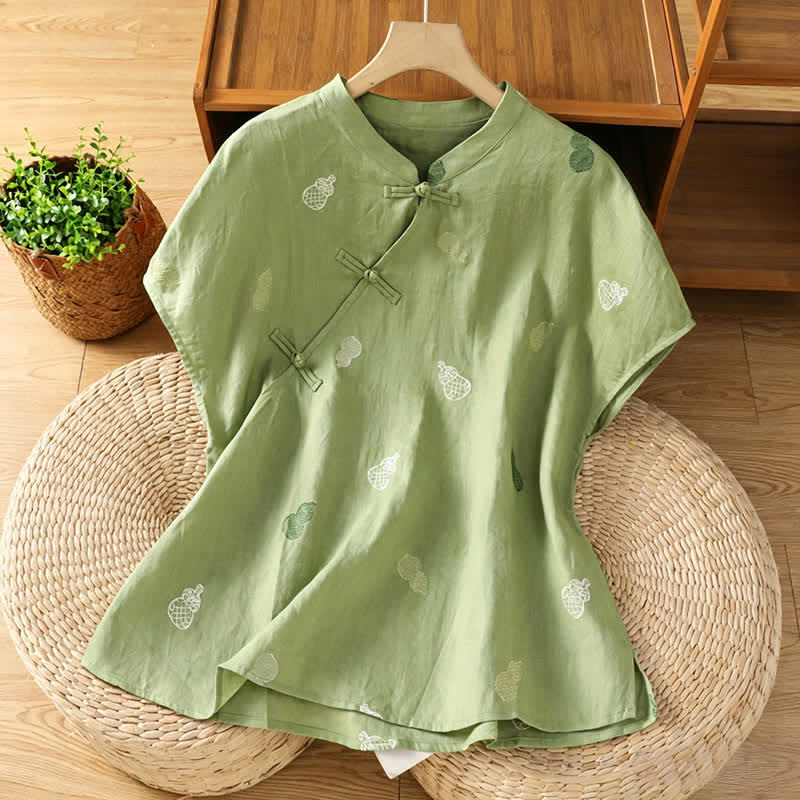 Buddha Stones Letnie koszule damskie z krótkim rękawem w stylu Tang z kołnierzykiem mandaryńskim i guzikami żabki - DarkSeaGreen - US12, UK/AU16, EU44 (2XL) - image 0