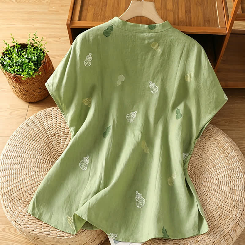 Buddha Stones Letnie koszule damskie z krótkim rękawem w stylu Tang z kołnierzykiem mandaryńskim i guzikami żabki - image 1