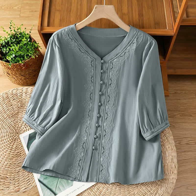 Buddha Stones Letnie koszule damskie z krótkim rękawem, zapinane na guziki, w stylu vintage, z geometrycznym haftem - CadetBlue - US8-10, UK/AU12-14, EU40-42 (2XL) - image 5