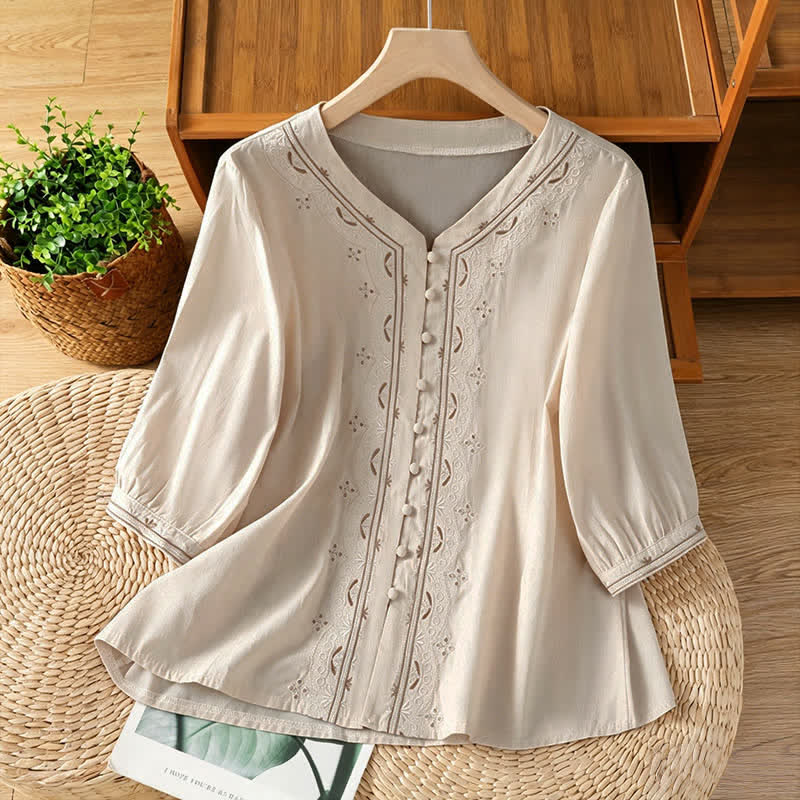 Buddha Stones Letnie koszule damskie z krótkim rękawem, zapinane na guziki, w stylu vintage, z geometrycznym haftem - AntiqueWhite - US8-10, UK/AU12-14, EU40-42 (2XL) - image 0
