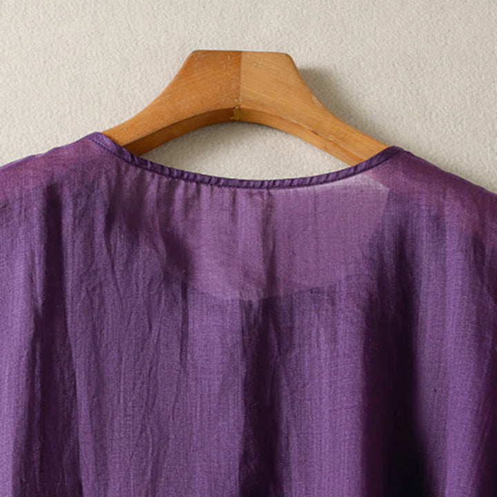 Buddha Stones Letnia, swobodna koszula damska w stylu boho z kieszeniami naszytymi i półguzikiem, z krótkim rękawem i bufiastymi rękawami - image 3