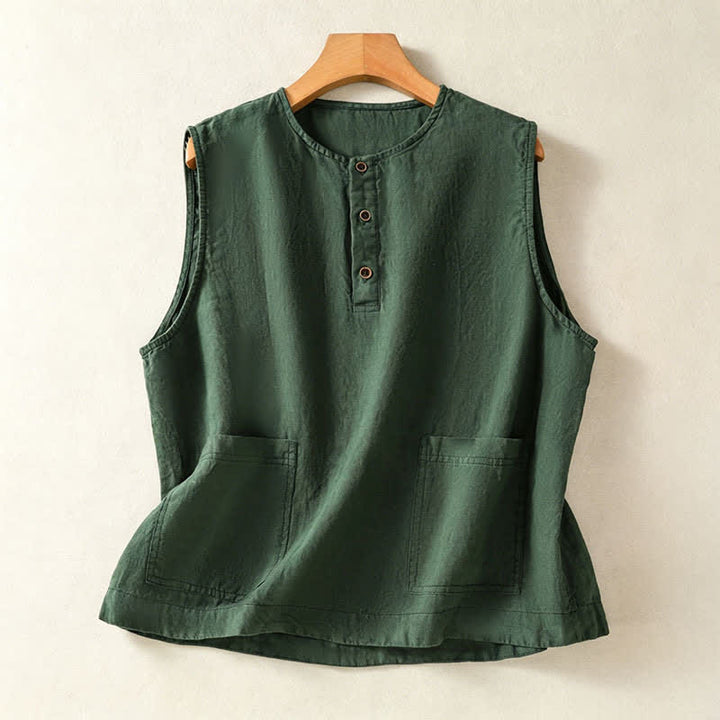 Buddha Stones Letnia, swobodna, minimalistyczna, zapinana na guziki, jednolita damska koszula bez rękawów z kieszenią naszywaną - ForestGreen - US12, UK/AU16, EU44 (2XL) - image 13