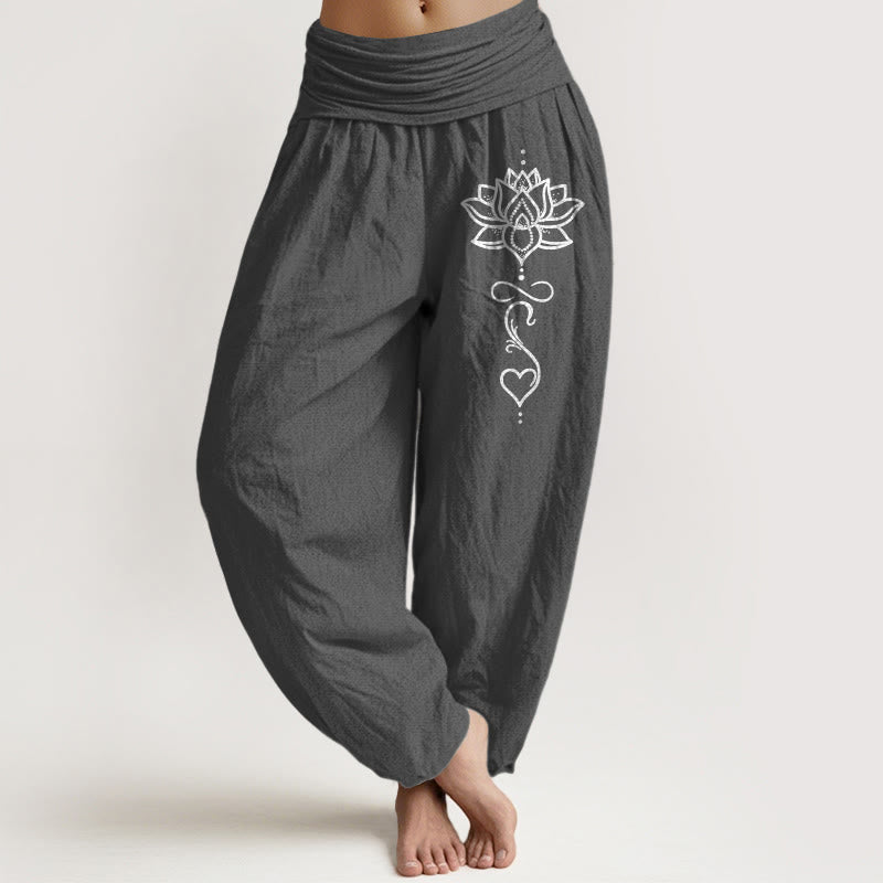 Buddha Stones Spodnie damskie typu harem z elastycznej talii z wzorem serca lotosu z czystej bawełny - DimGray - US16, UK/AU20, EU48 (3XL) - image 8