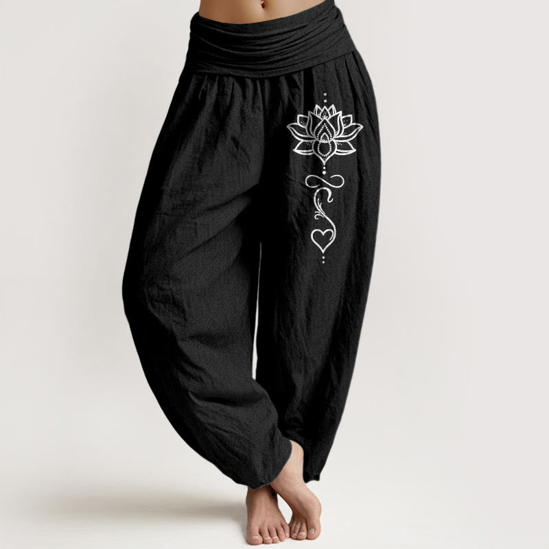 Buddha Stones Spodnie damskie typu harem z elastycznej talii z wzorem serca lotosu z czystej bawełny - Czarny - US16, UK/AU20, EU48 (3XL) - image 0