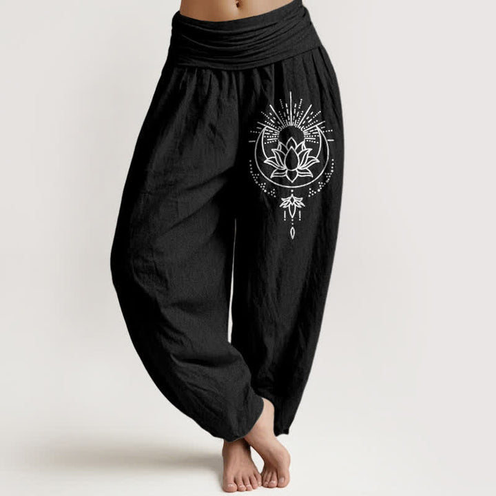 Buddha Stones Spodnie damskie typu harem z elastycznej talii, z czystej bawełny, wzór lotosu - Czarny - US16, UK/AU20, EU48 (3XL) - image 5