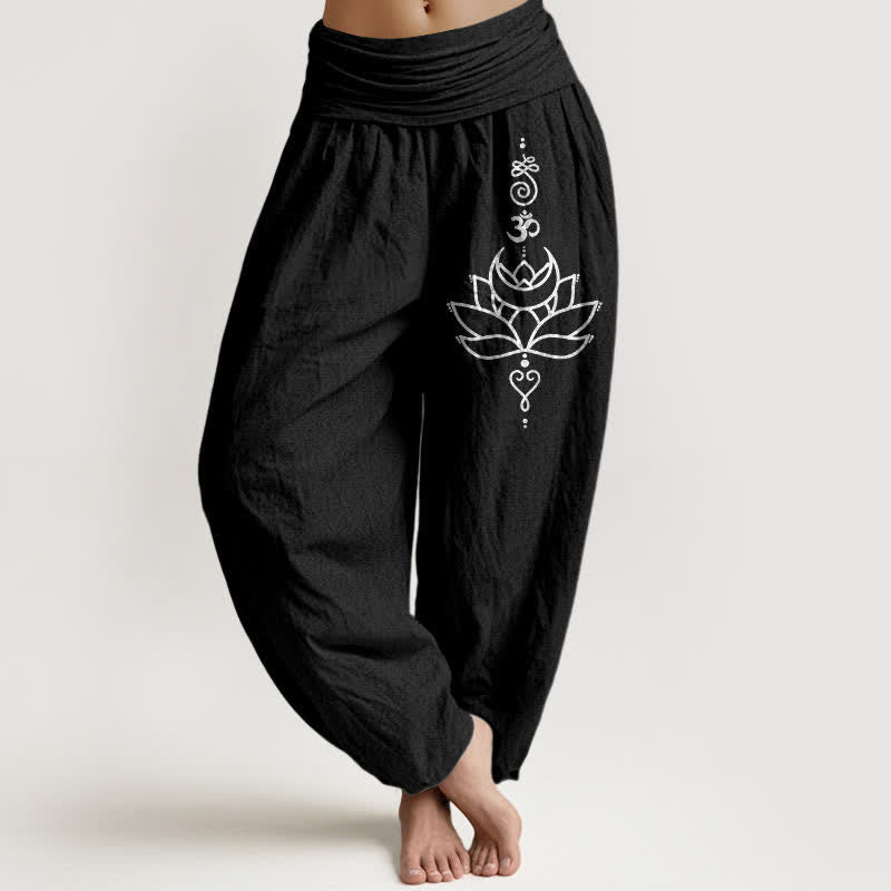 Buddha Stones Spodnie damskie typu harem z elastycznej talii z czystej bawełny w kwiaty lotosu - Czarny - US16, UK/AU20, EU48 (3XL) - image 5