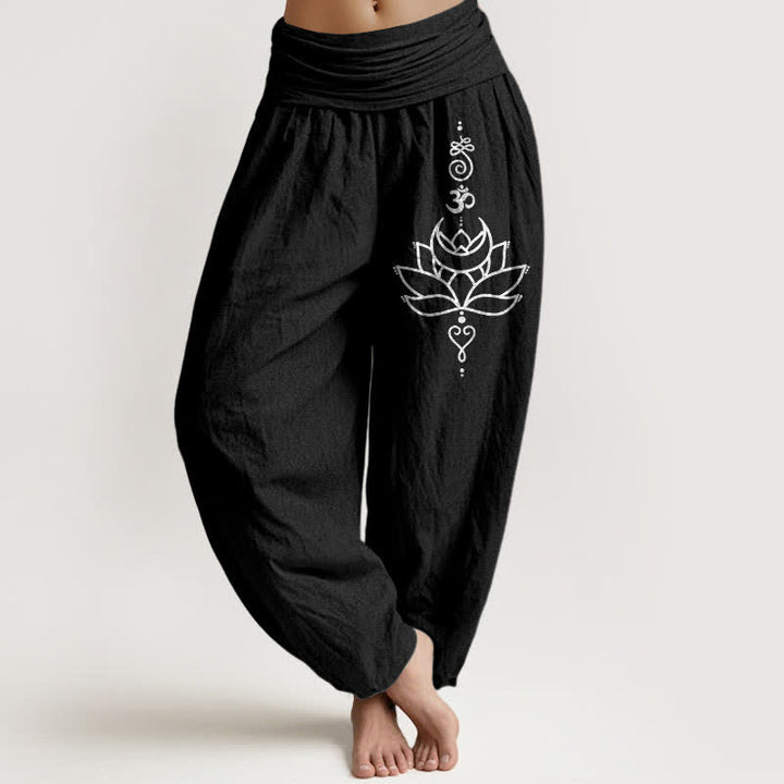 Buddha Stones Spodnie damskie typu harem z elastycznej talii z czystej bawełny w kwiaty lotosu - Czarny - US16, UK/AU20, EU48 (3XL) - image 5