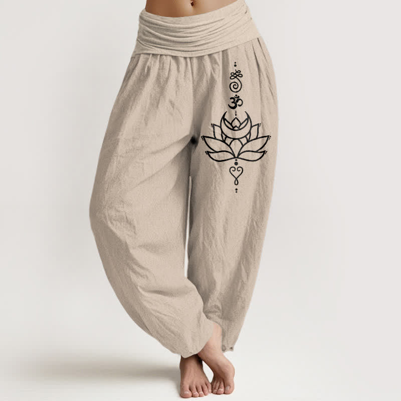 Buddha Stones Spodnie damskie typu harem z elastycznej talii z czystej bawełny w kwiaty lotosu - Dębnik - US16, UK/AU20, EU48 (3XL) - image 11