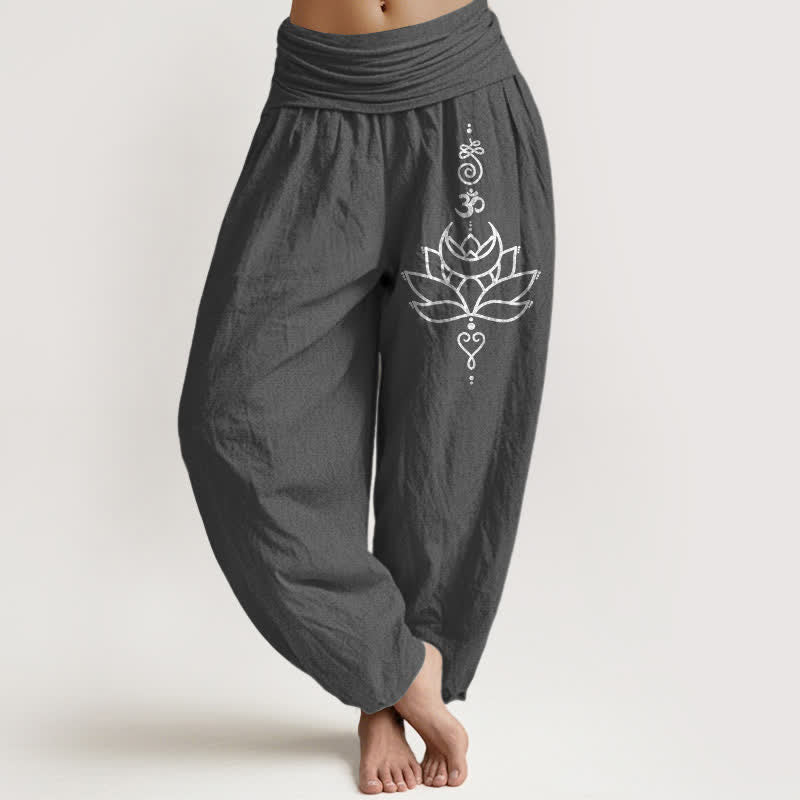 Buddha Stones Spodnie damskie typu harem z elastycznej talii z czystej bawełny w kwiaty lotosu - DimGray - US16, UK/AU20, EU48 (3XL) - image 8
