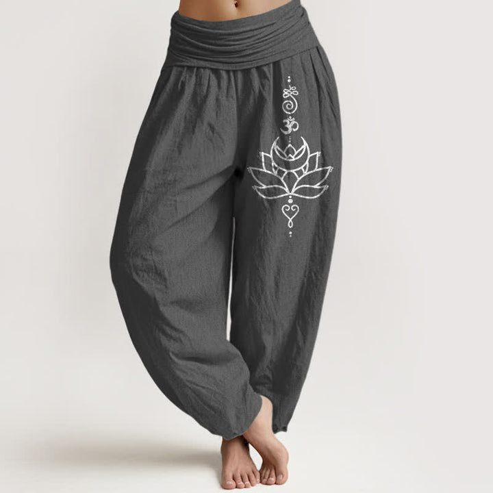 Buddha Stones Spodnie damskie typu harem z elastycznej talii z czystej bawełny w kwiaty lotosu - DimGray - US16, UK/AU20, EU48 (3XL) - image 8