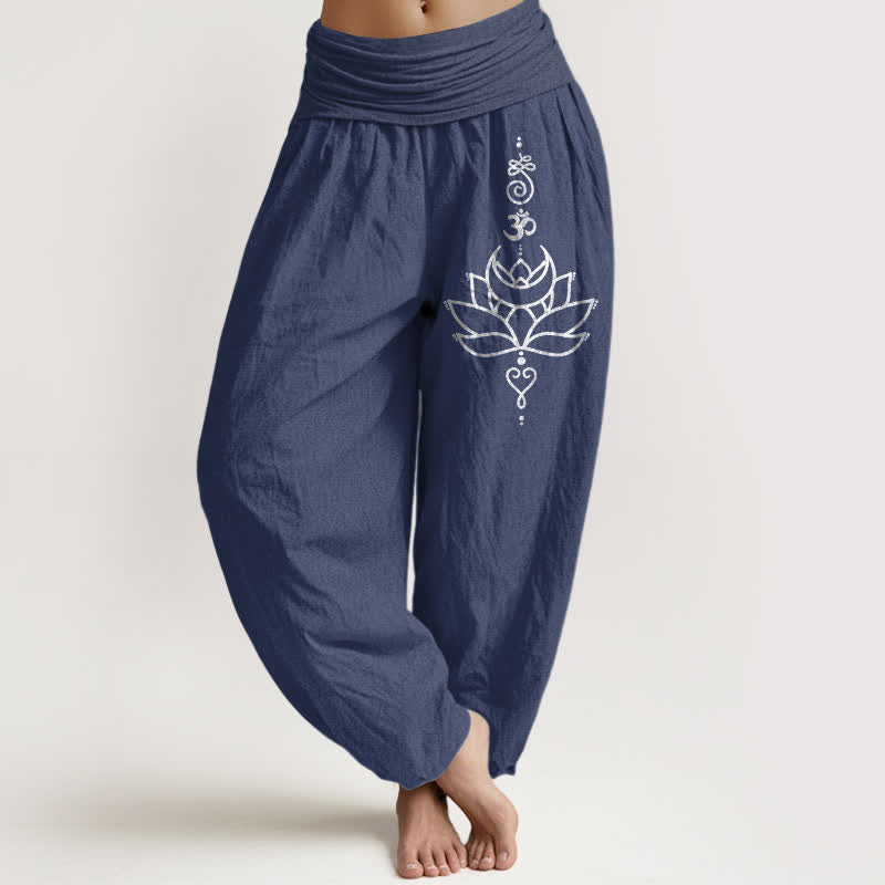 Buddha Stones Spodnie damskie typu harem z elastycznej talii z czystej bawełny w kwiaty lotosu - DarkSlateBlue - US16, UK/AU20, EU48 (3XL) - image 0