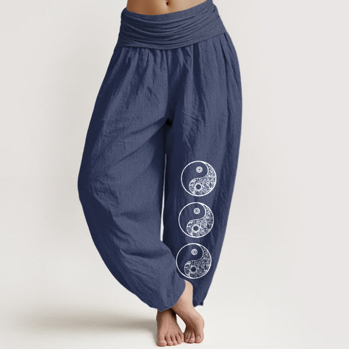 Buddha Stones Spodnie haremowe damskie z czystej bawełny z wzorem Yin Yang i elastyczną talią - DarkSlateBlue - US16, UK/AU20, EU48 (3XL) - image 5