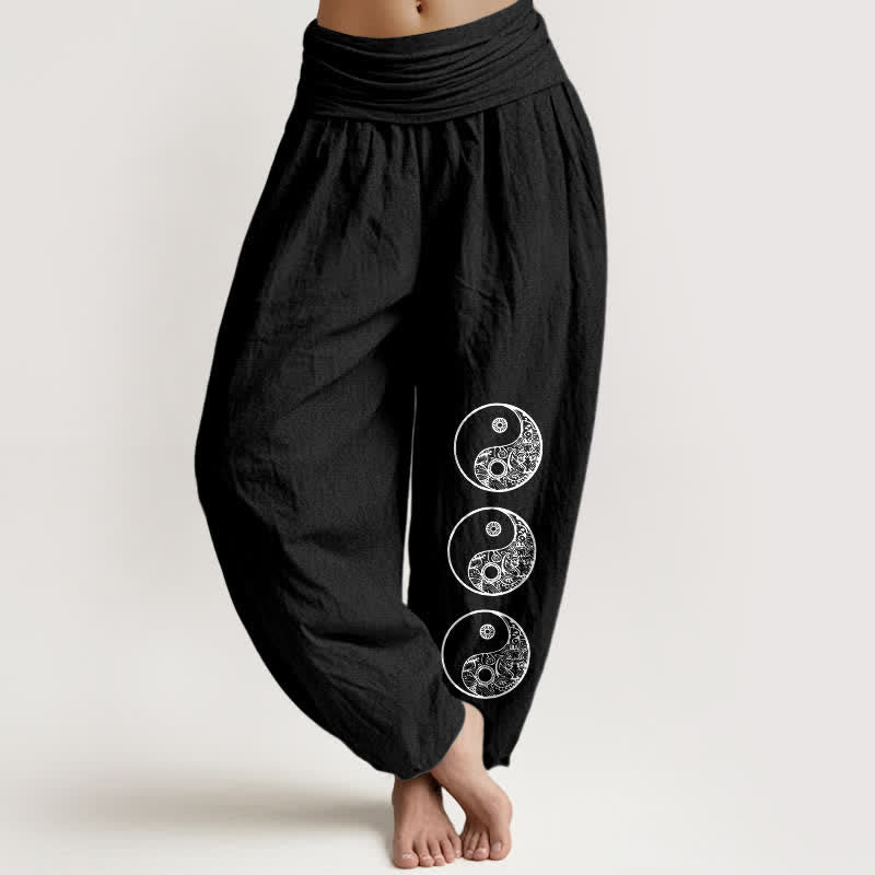 Buddha Stones Spodnie haremowe damskie z czystej bawełny z wzorem Yin Yang i elastyczną talią - Czarny - US16, UK/AU20, EU48 (3XL) - image 0