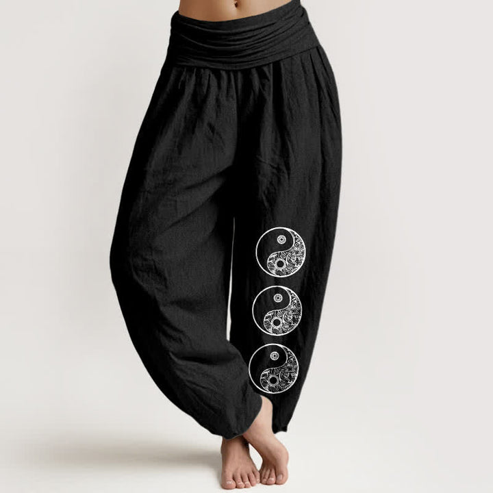 Buddha Stones Spodnie haremowe damskie z czystej bawełny z wzorem Yin Yang i elastyczną talią - Czarny - US16, UK/AU20, EU48 (3XL) - image 0