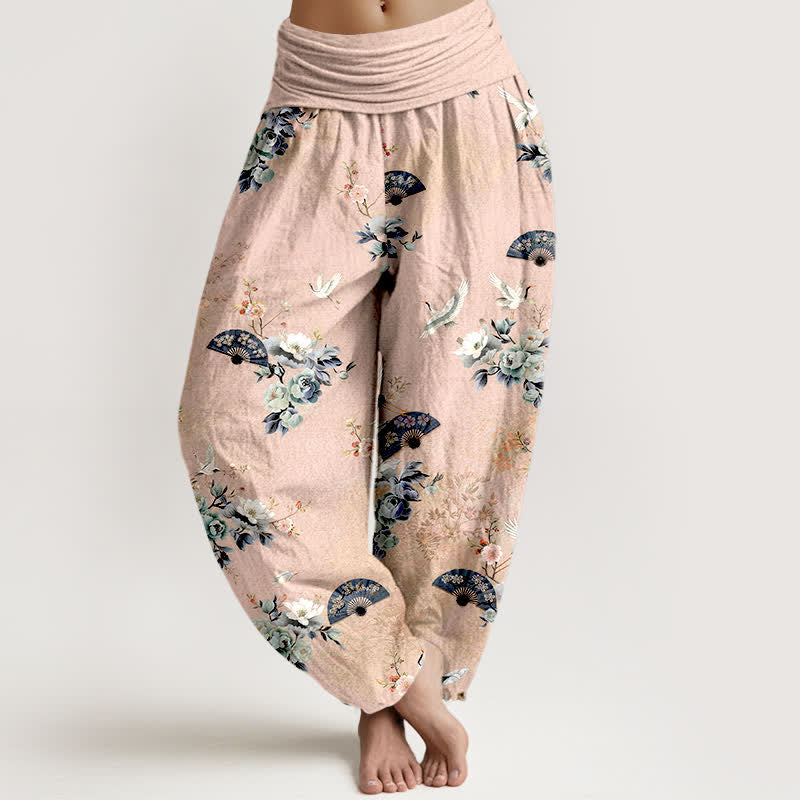 Buddha Stones Spodnie damskie typu harem z bawełny z motywem żurawia i kwiatowym wzorem - MistyRose - US16, UK/AU20, EU48 (3XL) - image 0