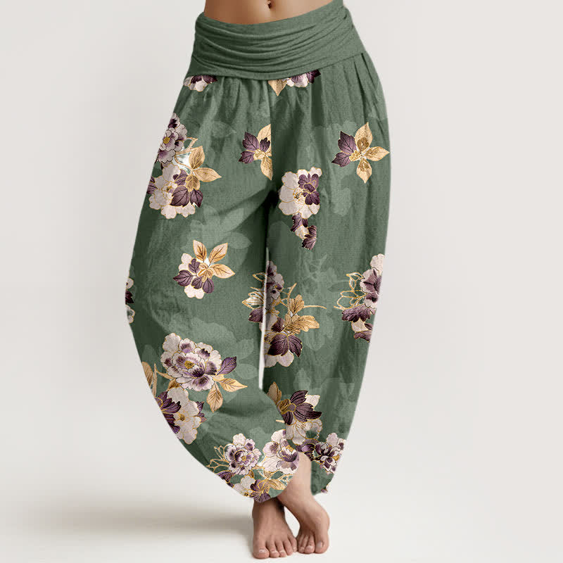 Buddha Stones Spodnie damskie typu harem z elastycznej talii z czystej bawełny w kwiaty w stylu vintage - Oliwkowy - US16, UK/AU20, EU48 (3XL) - image 0
