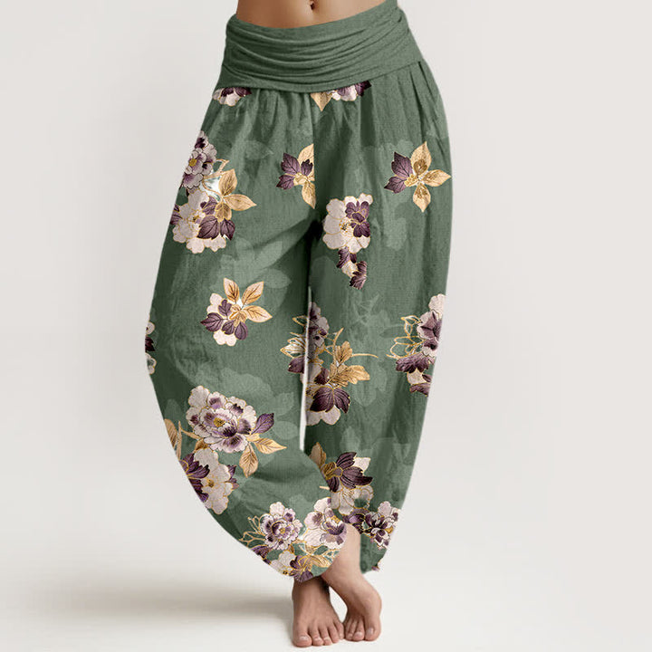 Buddha Stones Spodnie damskie typu harem z elastycznej talii z czystej bawełny w kwiaty w stylu vintage - Oliwkowy - US16, UK/AU20, EU48 (3XL) - image 0