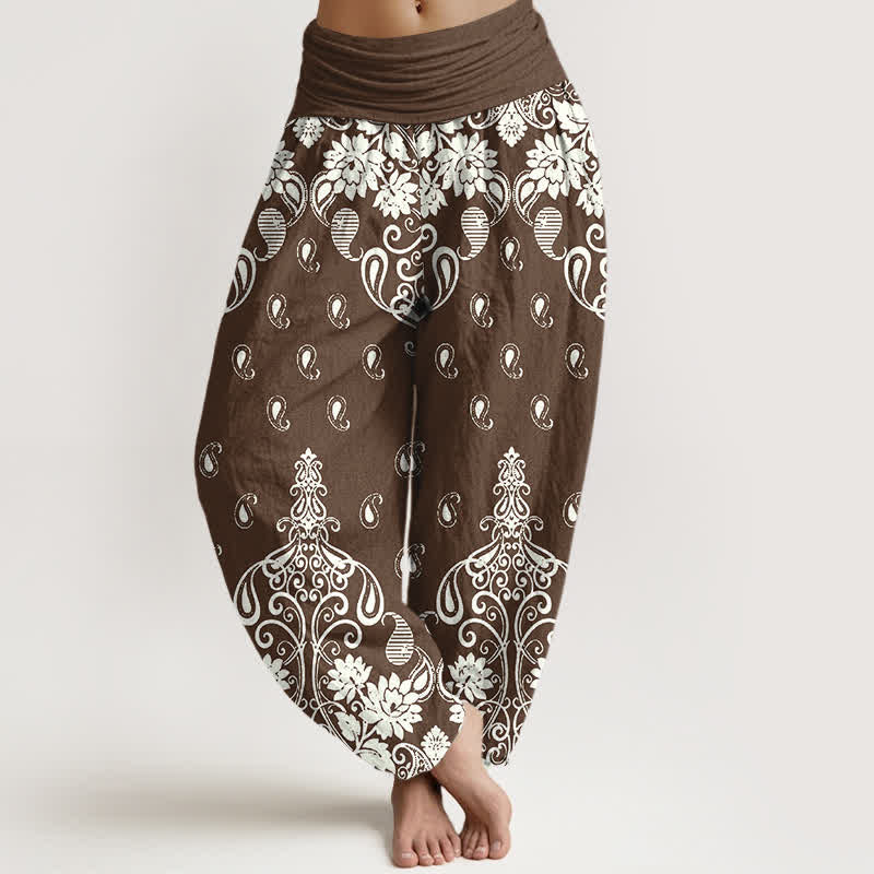 Buddha Stones Spodnie damskie typu harem z elastycznej talii, z czystej bawełny, w białe kwiaty, z wzorem paisley - SaddleBrown - US16, UK/AU20, EU48 (3XL) - image 0
