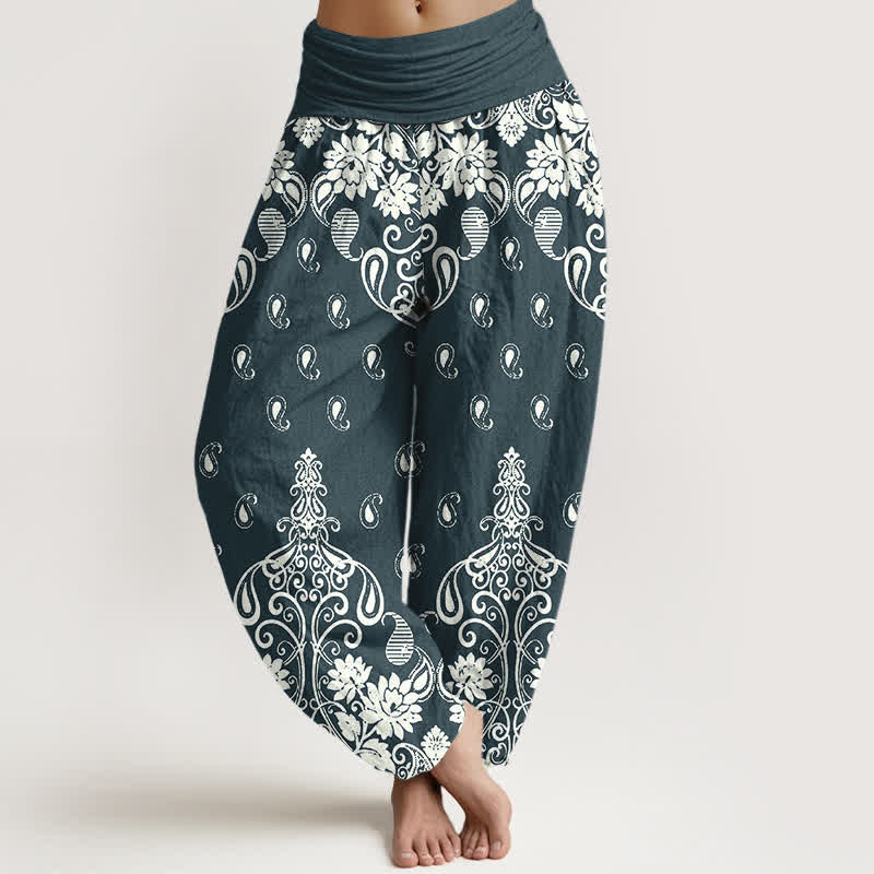 Buddha Stones Spodnie damskie typu harem z elastycznej talii, z czystej bawełny, w białe kwiaty, z wzorem paisley - Ciemnocyjanowy - US16, UK/AU20, EU48 (3XL) - image 5