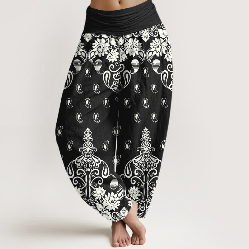 Buddha Stones Spodnie damskie typu harem z elastycznej talii, z czystej bawełny, w białe kwiaty, z wzorem paisley - Czarny - US16, UK/AU20, EU48 (3XL) - image 8