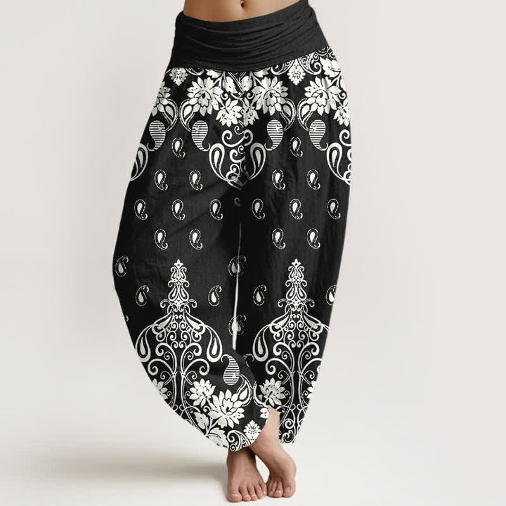 Buddha Stones Spodnie damskie typu harem z elastycznej talii, z czystej bawełny, w białe kwiaty, z wzorem paisley - Czarny - US16, UK/AU20, EU48 (3XL) - image 8