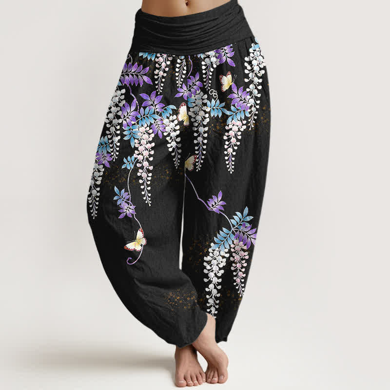 Buddha Stones Spodnie damskie haremowe z elastycznej talii z motywem motyli wisterii z czystej bawełny - Czarny - US16, UK/AU20, EU48 (3XL) - image 0