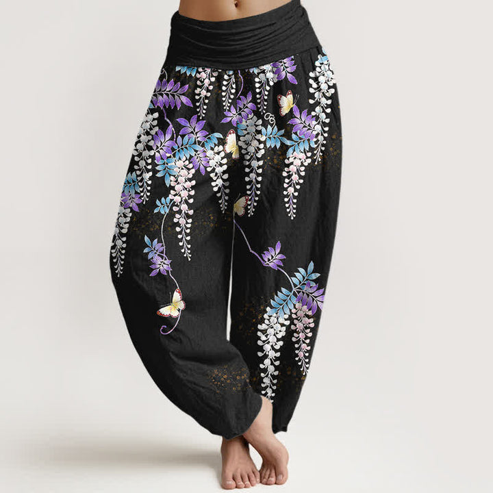 Buddha Stones Spodnie damskie haremowe z elastycznej talii z motywem motyli wisterii z czystej bawełny - Czarny - US16, UK/AU20, EU48 (3XL) - image 0