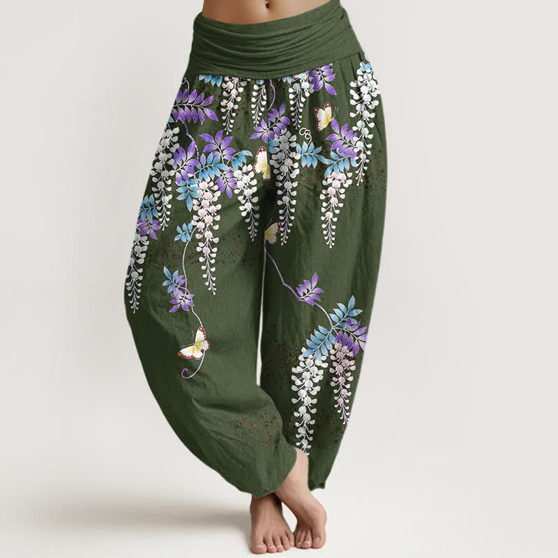 Buddha Stones Spodnie damskie haremowe z elastycznej talii z motywem motyli wisterii z czystej bawełny - DarkOliveGreen - US16, UK/AU20, EU48 (3XL) - image 8