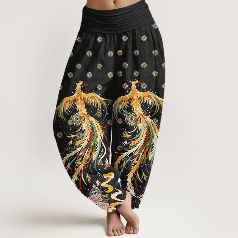 Buddha Stones Spodnie damskie typu harem z bawełny w złoty wzór feniksa z elastyczną talią - Czarny - US16, UK/AU20, EU48 (3XL) - image 0