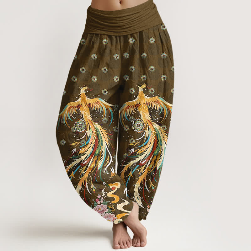 Buddha Stones Spodnie damskie typu harem z bawełny w złoty wzór feniksa z elastyczną talią - Peru - US16, UK/AU20, EU48 (3XL) - image 5