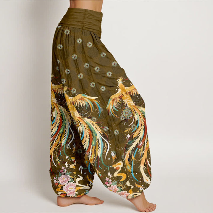 Buddha Stones Spodnie damskie typu harem z bawełny w złoty wzór feniksa z elastyczną talią - image 7