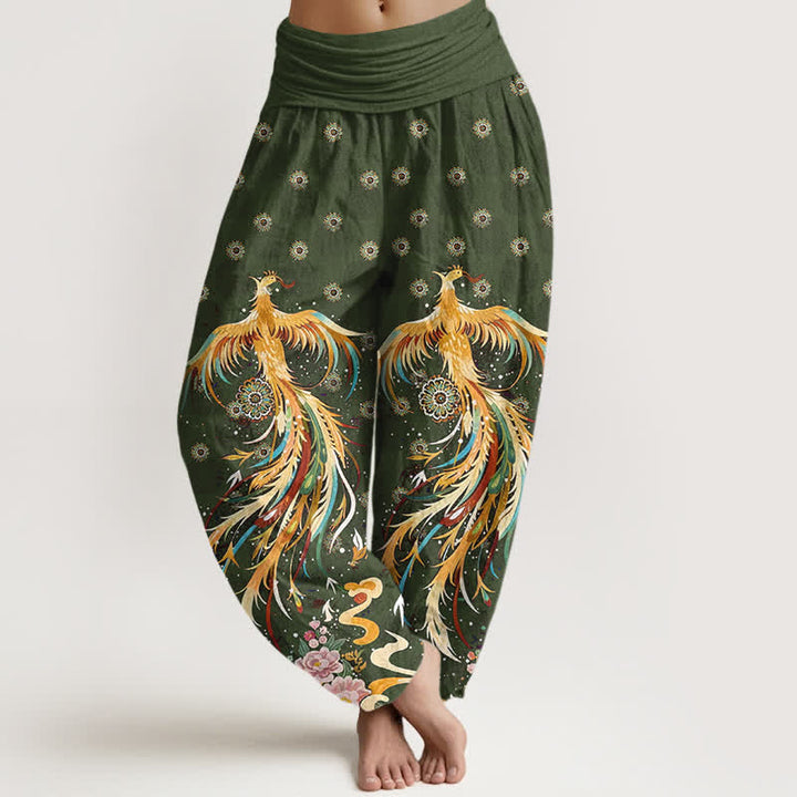Buddha Stones Spodnie damskie typu harem z bawełny w złoty wzór feniksa z elastyczną talią - Oliwkowy - US16, UK/AU20, EU48 (3XL) - image 8