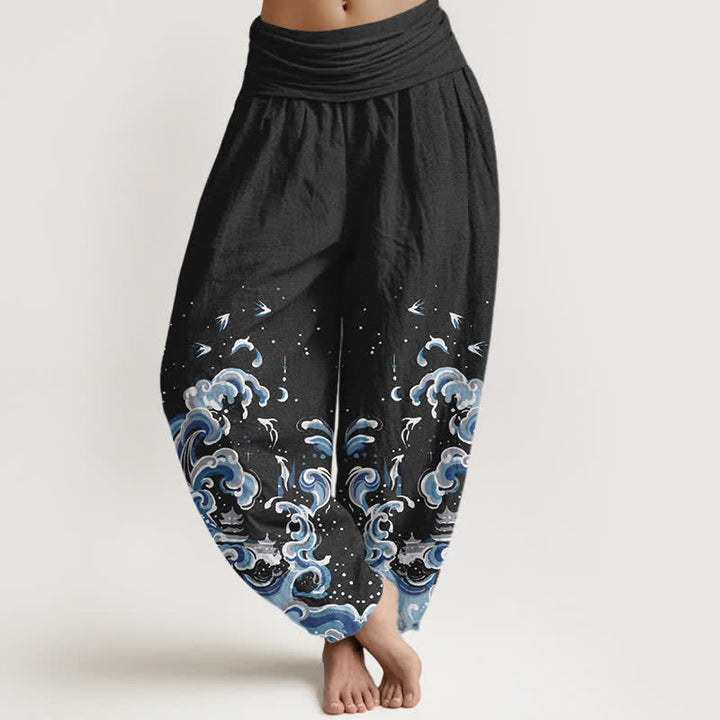 Buddha Stones Spodnie damskie typu harem z elastycznej talii w kolorze oceanicznym w kolorze niebieskim z falami - Czarny - US16, UK/AU20, EU48 (3XL) - image 0