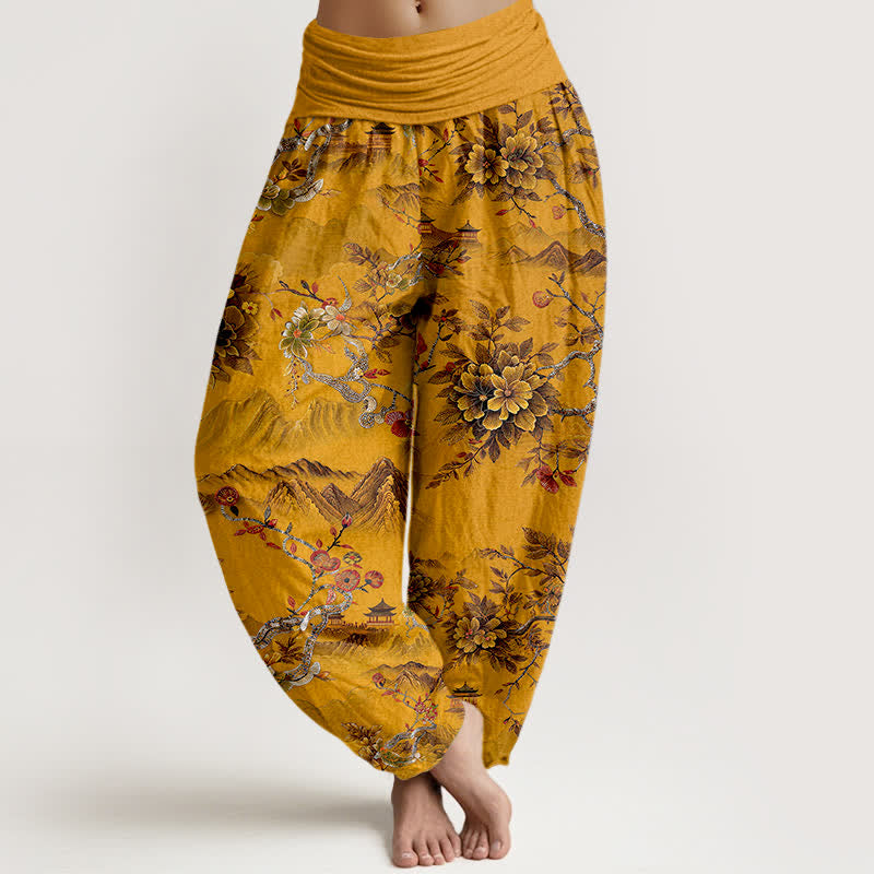 Buddha Stones Bawełniane spodnie haremki damskie z elastycznym pasem i wzorem w kwiaty DarkGoldenrod w stylu vintage - Nawłoć - US16, UK/AU20, EU48 (3XL) - image 5