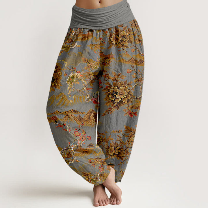Buddha Stones Bawełniane spodnie haremki damskie z elastycznym pasem i wzorem w kwiaty DarkGoldenrod w stylu vintage - Szary - US16, UK/AU20, EU48 (3XL) - image 8