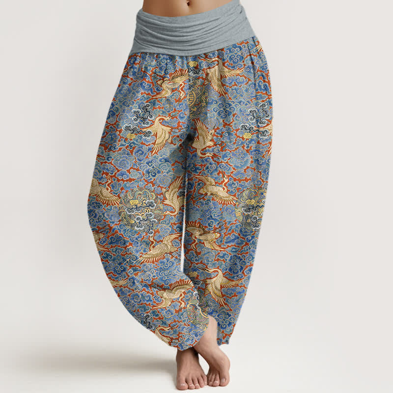 Buddha Stones Spodnie haremowe damskie z elastyczną talią i wzorem w kwiaty i żurawia z motywem chmur - SkyBlue - US16, UK/AU20, EU48 (3XL) - image 0