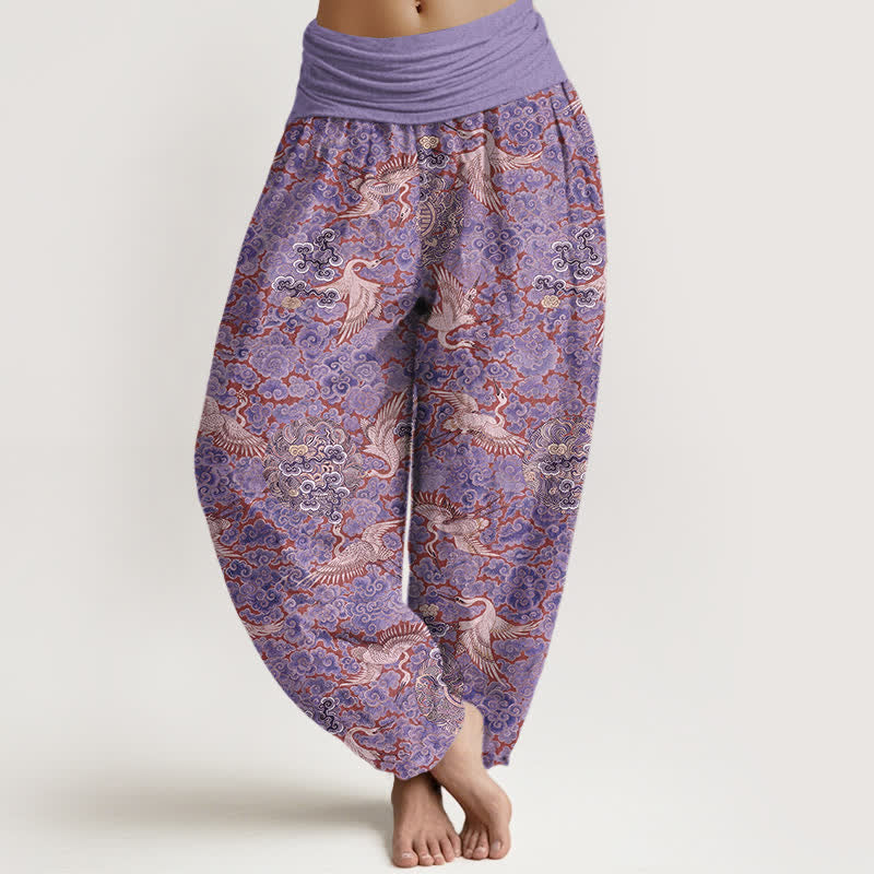 Buddha Stones Spodnie haremowe damskie z elastyczną talią i wzorem w kwiaty i żurawia z motywem chmur - MediumOrchid - US16, UK/AU20, EU48 (3XL) - image 5
