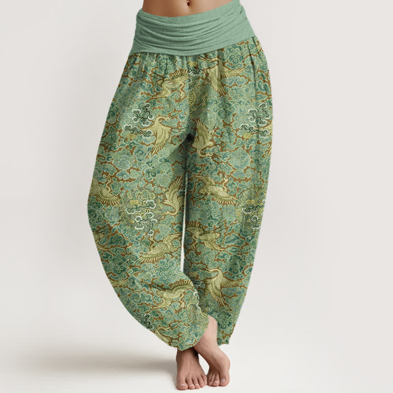 Buddha Stones Spodnie haremowe damskie z elastyczną talią i wzorem w kwiaty i żurawia z motywem chmur - Jasnozielony - US16, UK/AU20, EU48 (3XL) - image 8