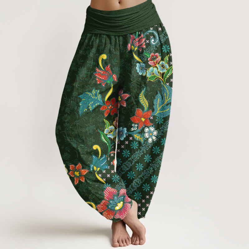 Buddha Stones Spodnie damskie harem z elastycznej talii z czystej bawełny w kolorowe kwiaty w stylu boho - ForestGreen - US16, UK/AU20, EU48 (3XL) - image 0