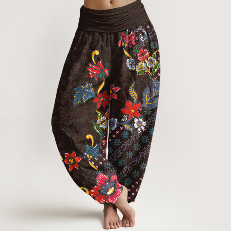 Buddha Stones Spodnie damskie harem z elastycznej talii z czystej bawełny w kolorowe kwiaty w stylu boho - SaddleBrown - US16, UK/AU20, EU48 (3XL) - image 8