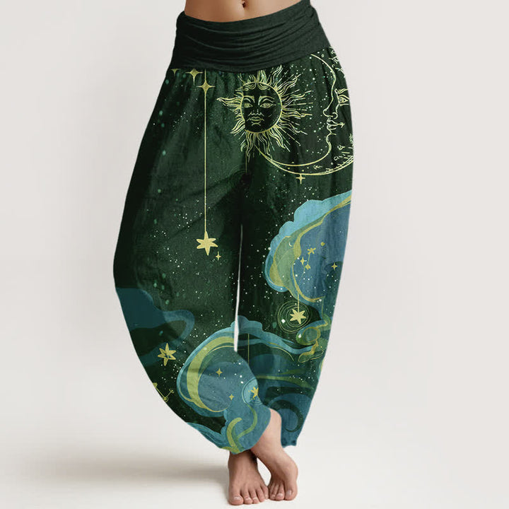 Buddha Stones Bawełniane spodnie haremki damskie z elastyczną talią i wzorem w gwiazdy i słońce - Ciemnozielony - US16, UK/AU20, EU48 (3XL) - image 8