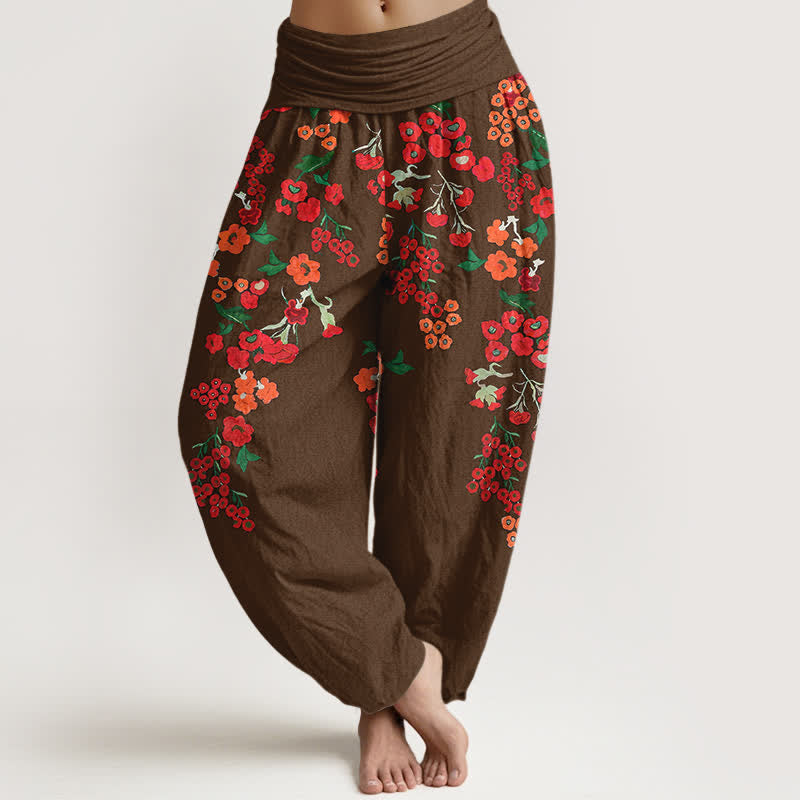 Buddha Stones Spodnie damskie harem z elastycznej talii w stylu boho z czerwonym kwiatowym wzorem - SaddleBrown - US16, UK/AU20, EU48 (3XL) - image 5