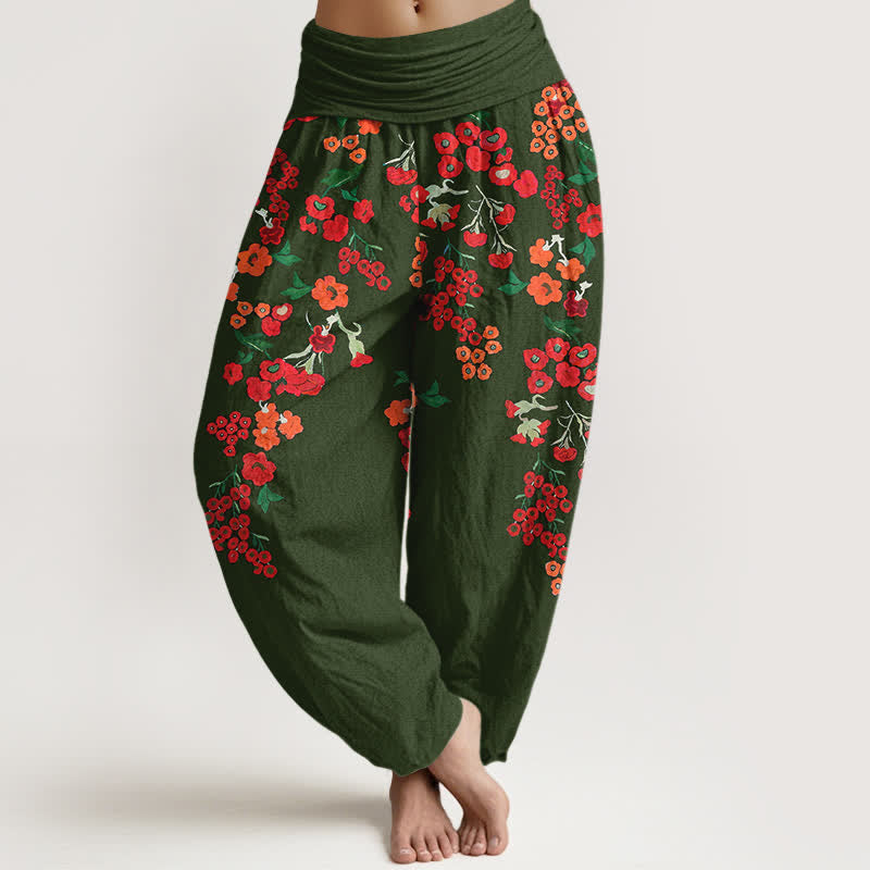 Buddha Stones Spodnie damskie harem z elastycznej talii w stylu boho z czerwonym kwiatowym wzorem - ForestGreen - US16, UK/AU20, EU48 (3XL) - image 8