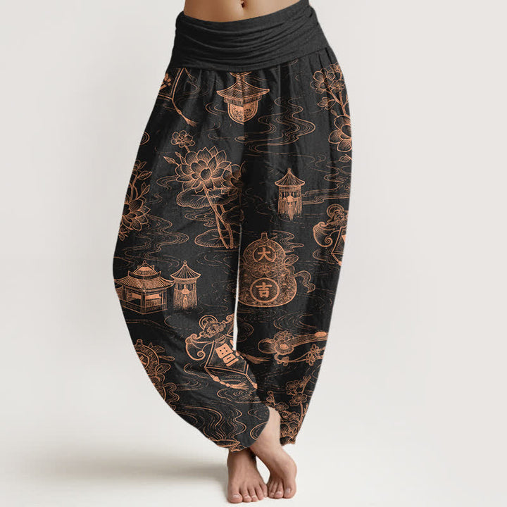 Buddha Stones Damskie spodnie haremowe z elastyczną talią i wzorem pawilonu lotosu w kształcie dyni - Czarny - US16, UK/AU20, EU48 (3XL) - image 0