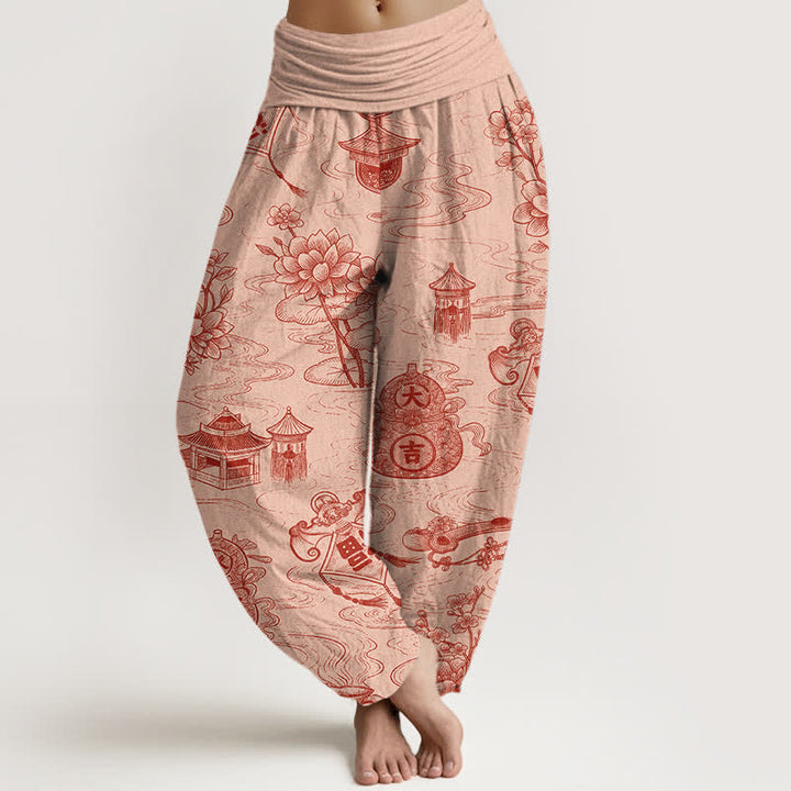 Buddha Stones Damskie spodnie haremowe z elastyczną talią i wzorem pawilonu lotosu w kształcie dyni - PeachPuff - US16, UK/AU20, EU48 (3XL) - image 5