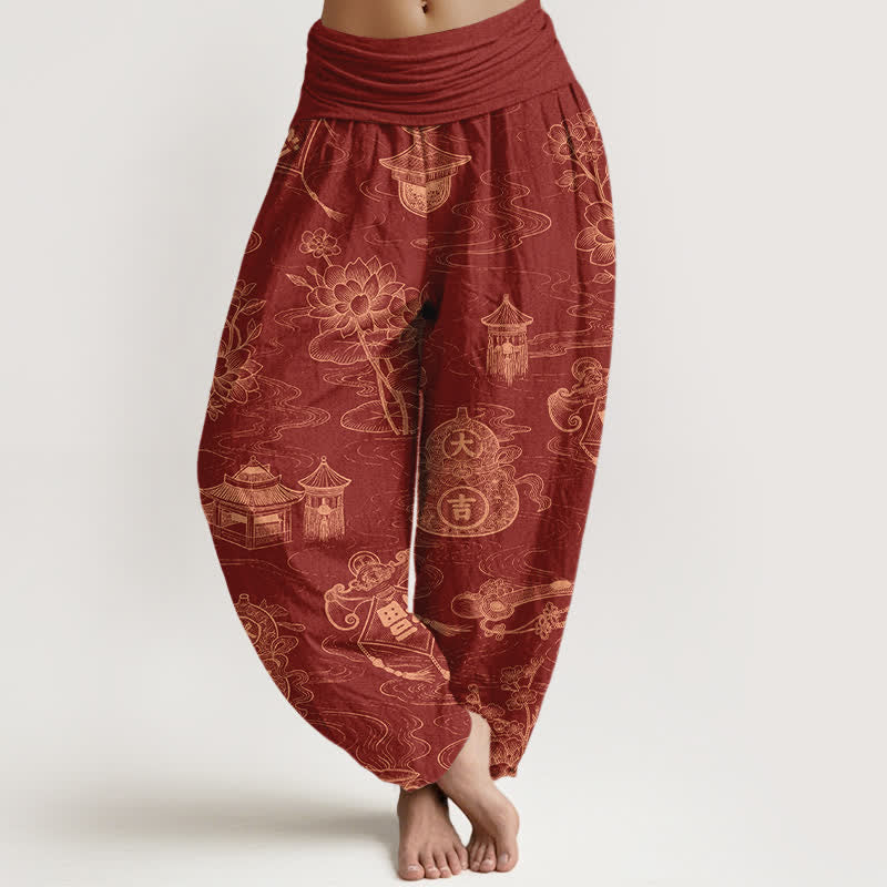 Buddha Stones Damskie spodnie haremowe z elastyczną talią i wzorem pawilonu lotosu w kształcie dyni - Cegła ogniotrwała - US16, UK/AU20, EU48 (3XL) - image 8