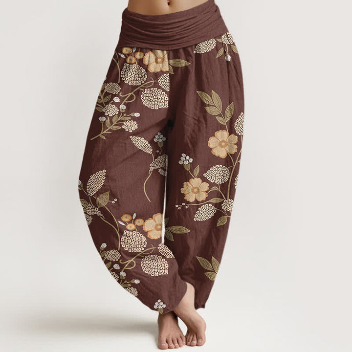 Buddha Stones Spodnie damskie haremki z elastycznej talii z czystej bawełny w kwiaty i liście - Sjena - US16, UK/AU20, EU48 (3XL) - image 0
