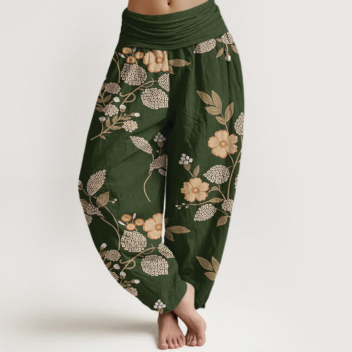 Buddha Stones Spodnie damskie haremki z elastycznej talii z czystej bawełny w kwiaty i liście - DarkOliveGreen - US16, UK/AU20, EU48 (3XL) - image 5