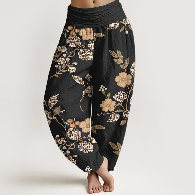 Buddha Stones Spodnie damskie haremki z elastycznej talii z czystej bawełny w kwiaty i liście - Czarny - US16, UK/AU20, EU48 (3XL) - image 8